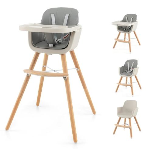 HONEY JOY Baby High Chair, 6-in-1 Eat & Grow Wooden Highchair/Toddler Chair with Removable Tray, 5-Point Harness, PU Cushion and Footrest, Convertible High Chair for Babies and Toddlers(Gray)