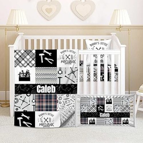 Custom Baby Crib Bedding Set, 3 Piece Personalized Name Mechanic Baby Crib Sets for Boys, Minky Blanket, Fitted Sheet, Pillowcase, Soft Nursery Bedding Set for Newborn Infant Toddler Gifts