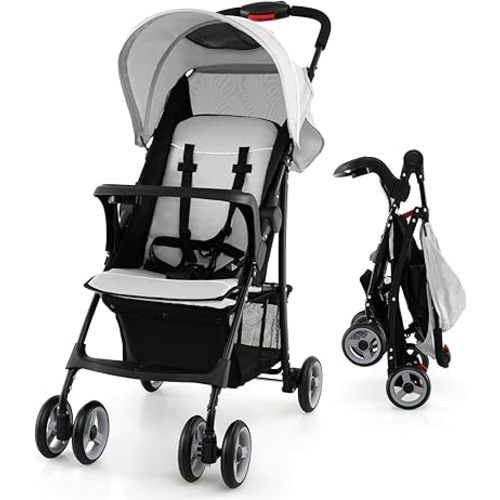 Baby Joy Lightweight Stroller, Compact Toddler Travel Stroller for Airplane, Infant Stroller w/Adjustable Backrest/Footrest/Canopy, 5-Point Harness, Storage Basket, Easy One-Hand Fold (Gray)