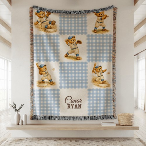 Personalized Baseball Baby Blanket, Vintage Sport Bear Woven Throw With Name, Custom Boy Nursery Blanket, Baby Shower Gift Heirloom Keepsake