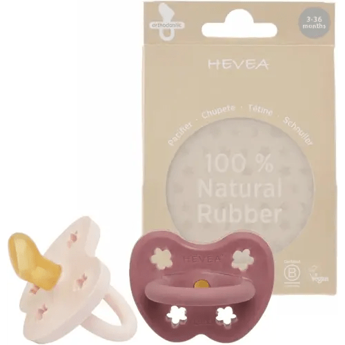 HEVEA Natural Rubber Pacifier Orthodontic 3-36 Months Two-Pack - Powder Pink & Rosewood