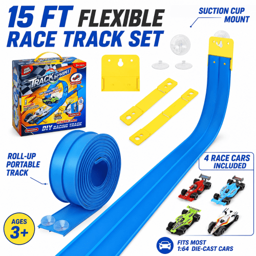 15 ft Flexible Race Track for Kids, Portable Dual Sided Racetrack with 4 Car & Suction Cups, Compatible with Hot Wheels & 1/64 Diecast Cars, Classic Long Rolls up Race Track for Boys Girls (Blue)
