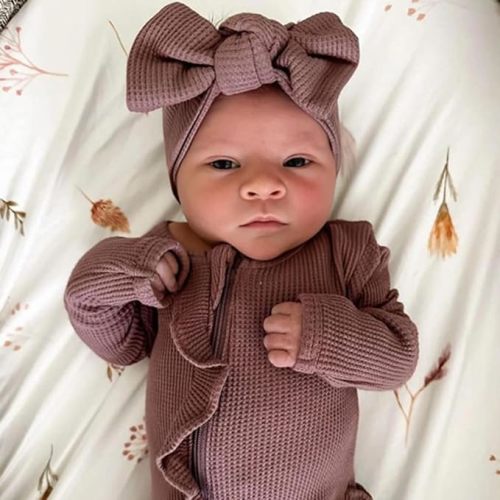 Ayalinggo Newborn Baby Girl Fall Winter Outfits Clothes Knit Onesie Ruffle Romper Newborn Coming Home Outfit for Baby Girl - 0-3 Months - Mitten Cuff Onesie Purple