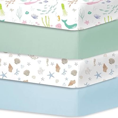 Bimocosy Crib Sheets for Baby Girl Boy, Fitted Sheets for Standard Crib and Toddler Mattresses, Super Soft Breathable Microfiber Crib Mattress Sheet 28"x 52", Ocean World/Shell/Blue/Green
