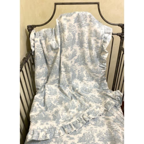 Blue Toile Baby Blanket, Baby Blanket with Ruffle, Blue Toile, White Minky, Personalized Baby Blanket