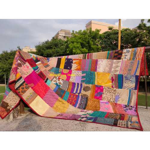 Indian hand stitched quilt silk kantha throw patchwork blanket vintage bed cover
