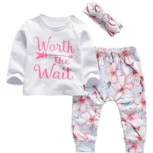KuKitty 3Pcs Baby Girl Outfits Set Long Sleeve T-Shirt Tops Flowers Pants with Headband