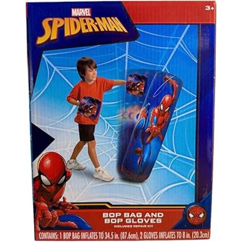 Spiderman Spider-Man Inflatable Bop Bag & Bop Gloves Set Kids Punching Bag with Gloves, Freestanding Superhero Blow Up Bouncing Boxing Bag for Exercise, Durable Heavy Duty Indoor and Outdoor - 34.5"
