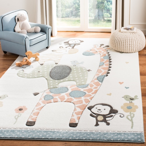 SAFAVIEH Carousel Kids Taneka Animals at Play Area Rug, Ivory, 6'7" x 9'
