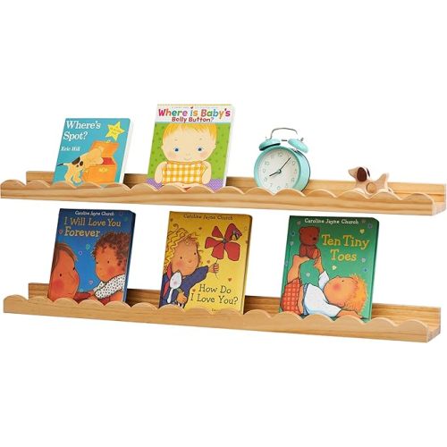 Nursery Book Shelves, Scalloped Floating Shelves Set of 2 Solid Pine Wood Wall Mounted Bookshelf with Wave Lip for Bedroom Kids, Toddler Room, Baby Room Natural 36inch
