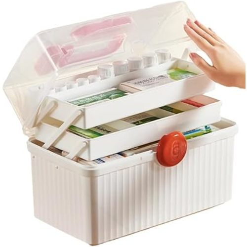 Plastic Family First Box Aid, 3 Layers Portable Medicine Storage Container, Empty Emergency Medical Organizer with Handle for Family, Office and Travel (White-Orange-Clear)