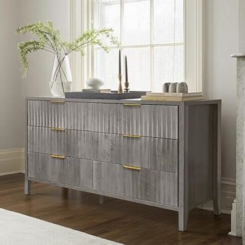 Dresser for Bedroom, Dresser with 6 Large Drawer, Wide Wood Dressers for Storage and Organization, Modern Fluted Dressers, Chest of Drawers for Living Room, Entryway, Hallway, Walnut