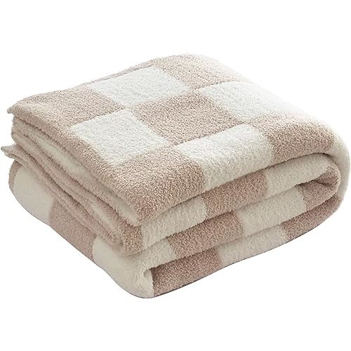 Ultra Soft Cozy Checkered Knitted Throw Blanket Fluffy Microfiber Checkerboard Bed Blanket Lightweight Both Sides Blanket for Couch Sofa Bed (Cream, Baby 30"x40")