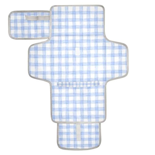 Baby Portable Diaper Changing Pad Waterproof Watercolor Blue Gingham Plaid Diaper Changing Mat with Wipes Pocket Foldable Travel Changing Pad Bag