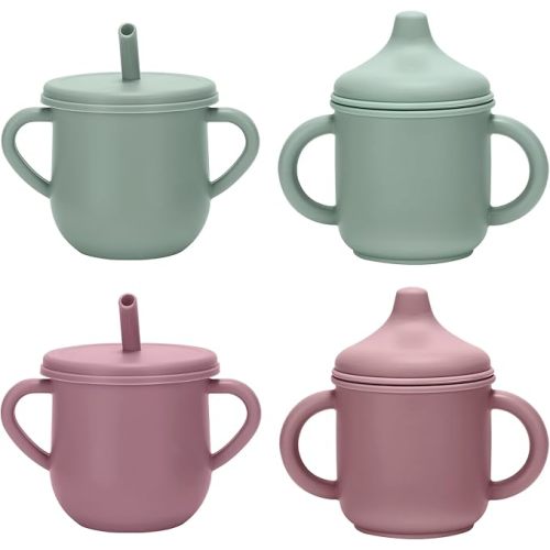 Silicone Toddler Cups Set, 2 Straw Cups and 2 Sippy Cups for 6+ Months Baby, Leakproof Spillproof Training Cups with Handles, Easy Clean (Green+Pink)