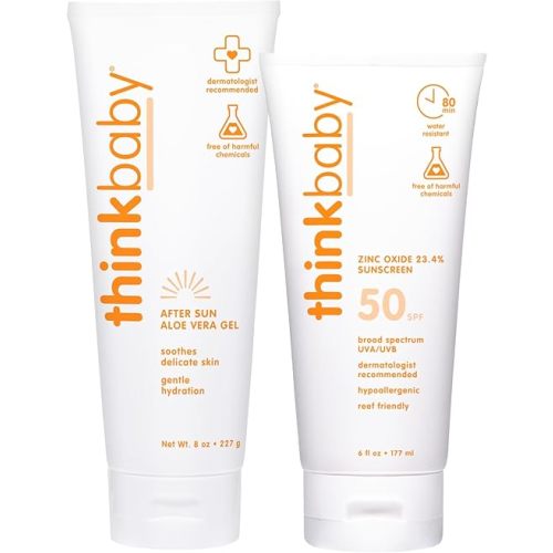 Thinkbaby Sunscreen & After Sun Bundle – 1x SPF 50+ Water Resistant Baby Sunscreen with Broad Spectrum UVA/UVB Protection (6oz) and 1x Aloe Vera After Sun Relief Gel (8oz)