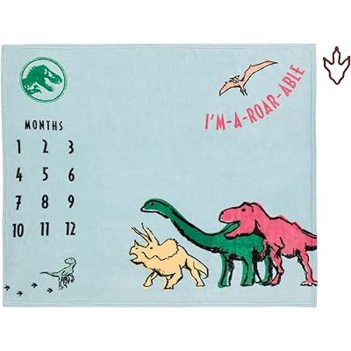 NoJo Welcome to The Universe Baby Jurassic World Blue, Green, Orange and Yellow I'm-a-Roar-able Dinosaur Super Soft Milestone Baby Blanket