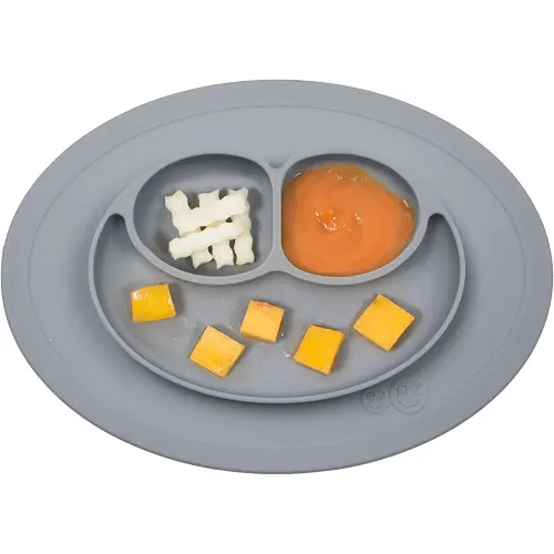 ezpz Mini Mat for 12 Months+ (Gray) - 100% Silicone Baby Plates with Suction and Built-in Placemat for Infants + Toddlers - Baby Led Weaning - For Highchair, Dining Table and Travel