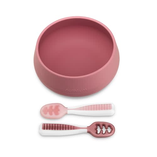 NumNum Suction Bowl + Pre-Spoon GOOtensils Self Feeding Set for Babies & Toddlers | Baby Spoon Set (Stage 1+ 2) | 100% Food Grade Silicone BPA-Free | Strong Suction | 4 months+ (Mauve)