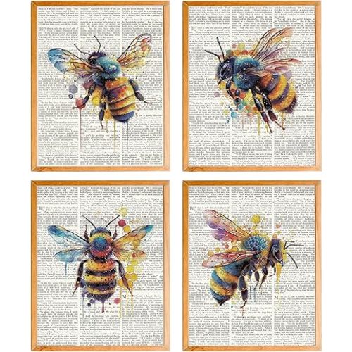 BearCake Vintage Bee Wall Art Set of 4, Bee Wall Decor, Farmhouse Honey Bee Bumblebee Wall Decor Poster Prints for Rustic Home Kitchen Bathroom Farm, 8x10 Inches