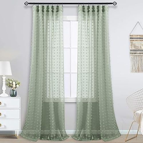 KOUFALL 2 Panels Boho Curtains 84 Inches Long for Living Room Bedroom Sage Green Decor Pom Pom Design Sheer Pattern Window Treatments Curtain with Back Tab Rod Pocket,52x84 in Length