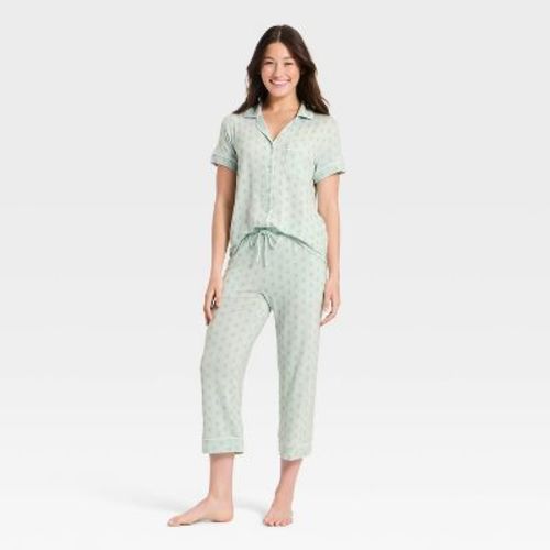 Women's Cloud Knit Short Sleeve Notch Collar Top and Cropped Pants Pajama Set - Auden™ Light Mint Block Print M