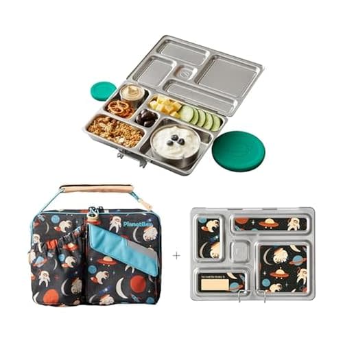 PlanetBox Rover Stainless Steel Bento Box Style Lunch Box Kit for Kids with 5 Compartments, Space Animals Edition includes Insulated Lunch Bag, Leakproof Food Containers and Matching Magnets