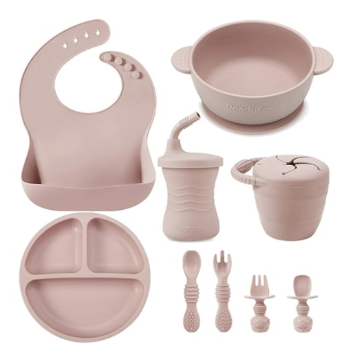 PandaEar Silicone Baby Feeding Set | 9PCS Baby Led Weaning Supplies Self Feeding Utensils | Divided Suction Plate Bowl Bibs Sippy Cup with Baby Snack Container Spoons Forks (Pink) : Amazon.com.au: Baby