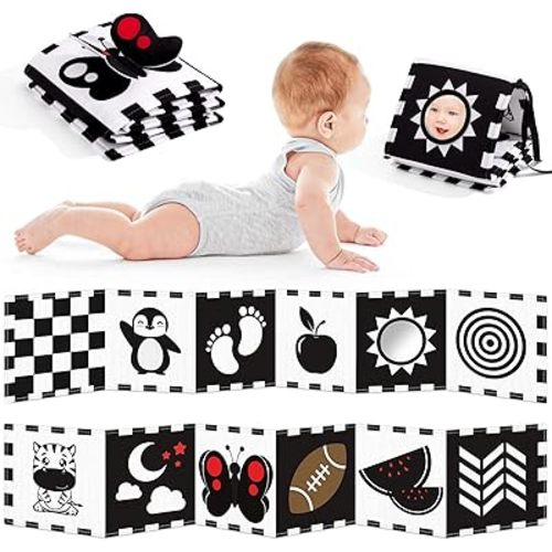 High Contrast Baby Book and Sensory Toy Set for 3 Months – Soft Crinkle Pages, Tummy Time Development, and Safe Mirror for Visual Stimulation – Ideal Newborn Gift for Boys and Girls