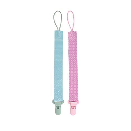 Nuby Pacifinder Baby Pacifier Clip - (2-Pack) - Pacifier Holder Clip with Convenient Hook Loop - Green Dots and Pink XOs