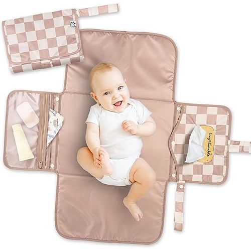 Tiny Twinkle Portable Diaper Changing Pad | Waterproof, Wipeable & Compact Baby Changing Pad for Travel | Smart Wipes Pocket & Organized Storage| Newborn Shower Gift (Beige Checkers)