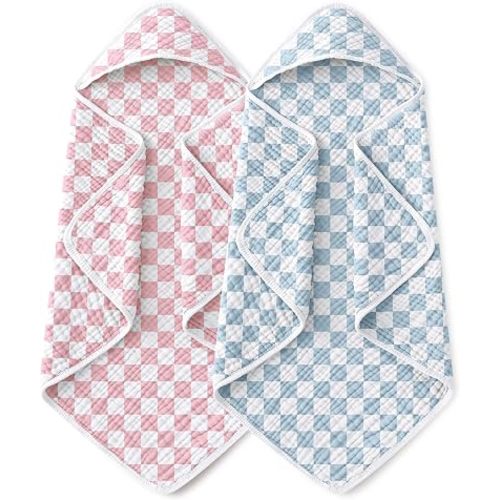 Yoofoss Hooded Baby Towels for Newborn 2 Pack 100% Muslin Organic Cotton Baby Bath Towel with Hood for Babies, Infant, Toddler and Kids, 32x32Inch, Soft and Absorbent, Pink Blue Checkered