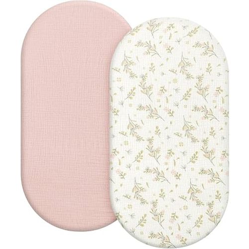 100% Organic Cotton Muslin Baby Bassinet Sheets 2 Pack 33”x17” for Baby Girl Boy, Soft Fitted Mattress Pad Cover Compatible with Halo BassiNest Swivel Sleeper, Graco, Baby Delight, Chicco, Angelbliss