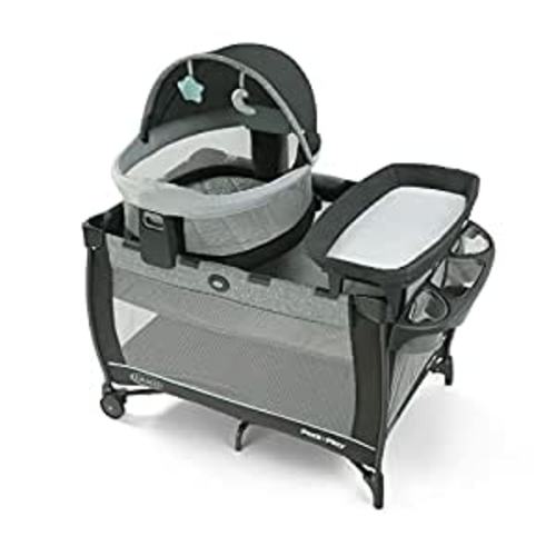 Graco Pack n Play Travel Dome DLX Playard, Astin with Portable Bassinet and Integrated Storage Organizer - 27 x 28.5 x 37 Inch