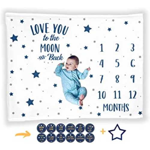 Baby Monthly Milestone Blanket with 12 Stickers, First Year Calendar Monthly Growth Tracker, Baby Boy Month Blanket, Stars Moon Nursery, I Love You to The Moon and Back, Baby Boy Shower Gift (50"x40")