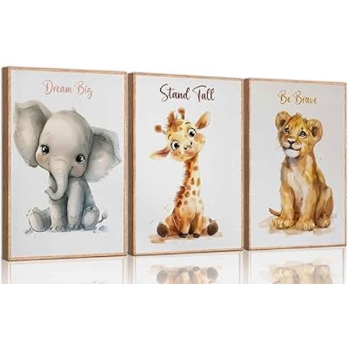3 Pcs Safari Nursery Canvas Wall Art Kids Cute Inspirational Animal Lion Giraffe Elephant Painting Picture Wall Decor Poster Print Artwork for Baby Boys and Girls Room Home Decoration Unframed