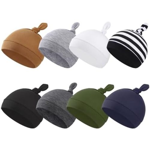 BEoffer 8 Pack Baby Newborn Hats Set Top-Knot Beanie Soft Stretchable Hats Adjustable Caps for Infant Girls Boys 0-6 Months