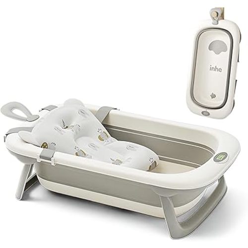 UNICOO® Collapsible Baby Bathtub | Foldable Infant Bathtub for Newborn to Toddler | Portable Baby Tub w/Soft Cushion & Thermometer | Safety Belt, Detachable Cushion | 0-24 Months (F-BT-01-WG)