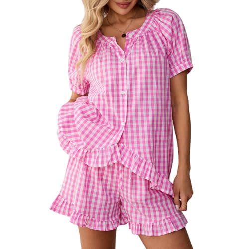 WOWULOVELY Womens Short Sleeve Gingham Pajama Set 2 Piece Plaid Cotton Babydoll Shirt and Leg Pants Cute Ruffle Pjs Set
