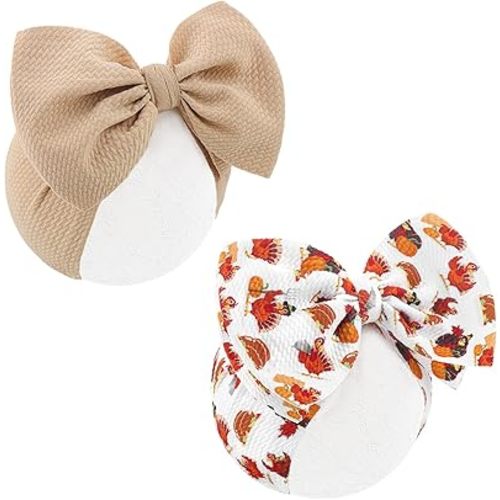 YanJie Thanksgiving Baby Girl Headband Turkey Printed Bows Newborn Hairbands Handmade Big Baby Girls Bows Khaki Hair Accessories Infant Toddlers Gift