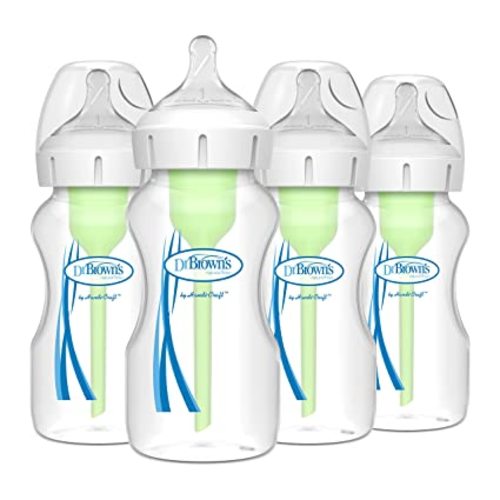 Dr. Brown's Natural Flow Anti-Colic Options+ Wide-Neck Baby Bottles 9 oz/270 mL,with Level 1 Slow Flow Nipple,4 Count,0m+