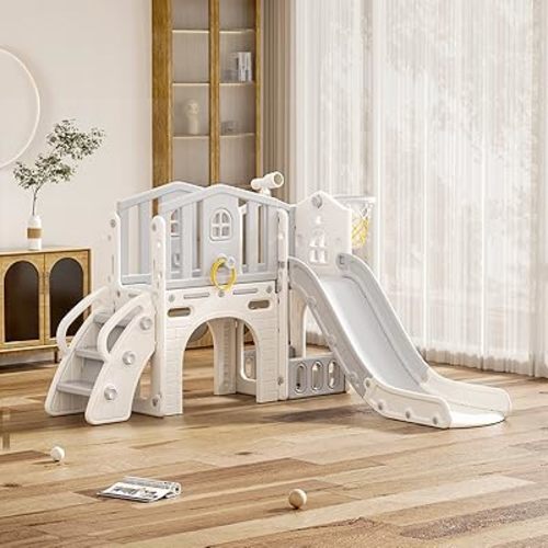 KORIMEFA 7 in 1 Toddler Slide Playset, Kid Slide for Toddlers Age 1-3 with Ring Toss, Basketball Hoop, and Telescope, Indoor Outdoor Slide Toddler Playset Playground, Gray