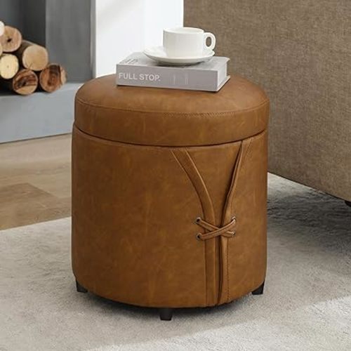 16.5 inch Stylish Leather Round Storage Ottoman, PU Small Ottoman,Contemporary Upholstered Footrest with Cushioned Top, Elegant Round Vanity Stool with Detachable Lid, Brown