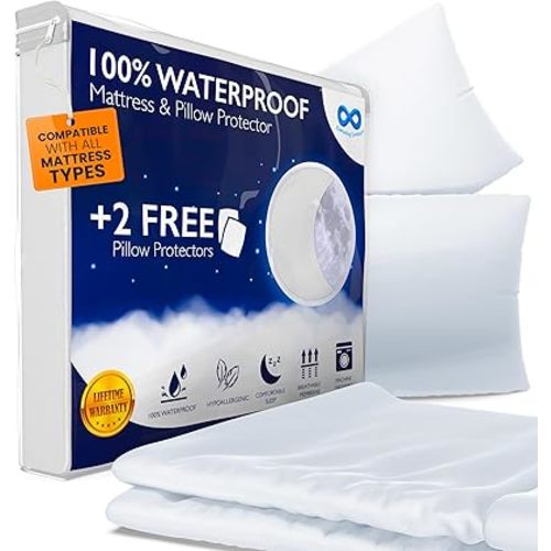 Everlasting Comfort Queen Mattress Protector Waterproof - 2 Pillow Protectors Included - Hypoallergenic, Deep Pocket Design, Up to 18" - Noiseless, Machine Washable Waterproof Mattress Protector