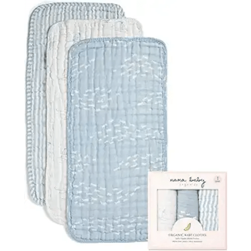 Nana Baby Burp Cloths – 100% Organic Cotton, Oversized & Hypoallergenic, 8-Layer Muslin, Machine Washable, Neutral Unisex Colors, Gentle on Sensitive Skin, Set of 3 (Blue)