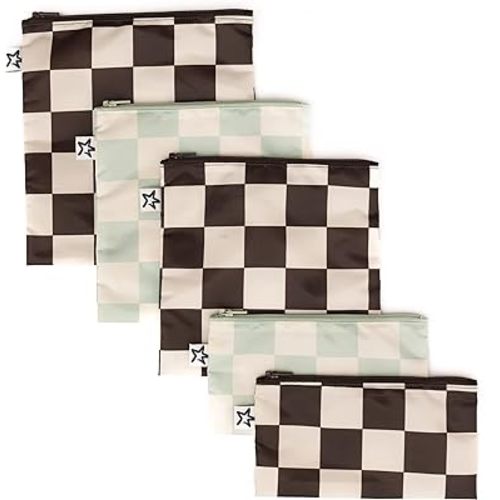 Tiny Twinkle 5 Pack Reusable Snack Bags - Machine Washable, PFAS, PVC, BPA, Phthalate-Free Reusable Baby and Toddler Food Safe Snack Bags (Checkers Black Sage)