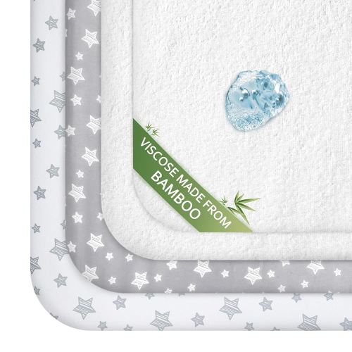 Pack and Play Sheets & Waterproof Terry Pack N Play Mattress Protector Pad Cover 4 Pack, Viscose Made from Bamboo Pack N Play Sheets Set, Grey & White