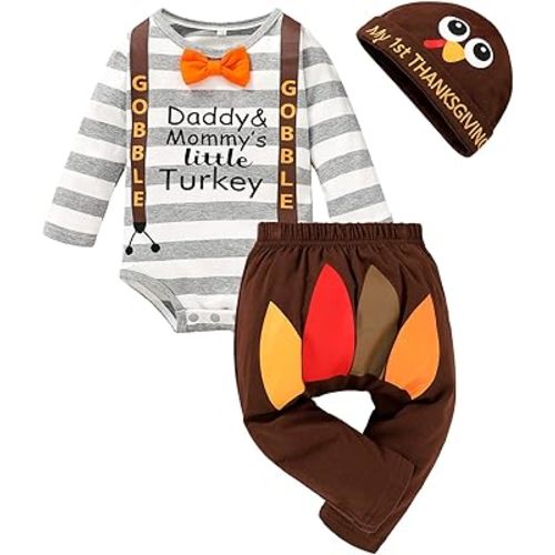 Thanksgiving/Christmas Outfits Infant Baby Boys Xmas Stripe Rompers+Turkey/Deer Pant Set Bodysuit Fall Clothes