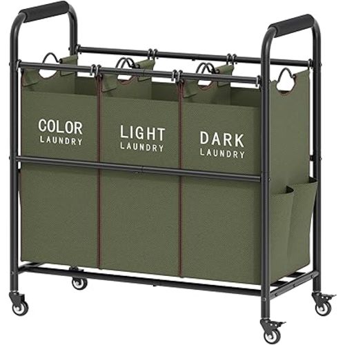 Tajsoon 3 Bag Laundry Sorter Cart, Laundry Hamper Sorter Basket with Heavy Duty Lockable Rolling Wheels for Clothes Storage, Green