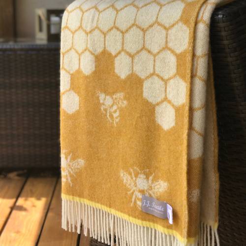 Mustard Yellow Bee Pure Wool Throw | Bee and Honeycomb Blanket | Wool Wrap | Housewarming Gift